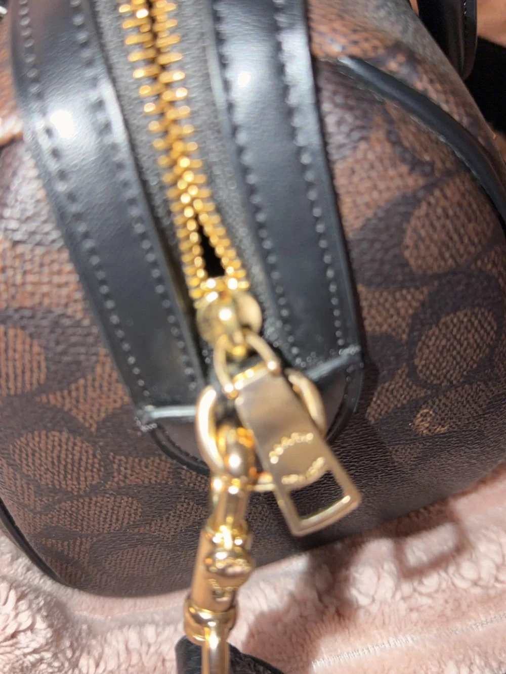 Coach Brown Signature Mini Satchel with Black Handles and Gold Hardware